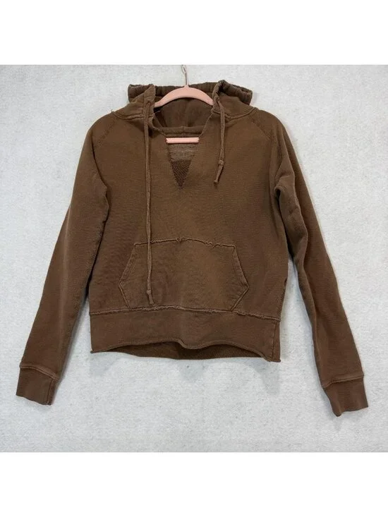 Nili Lotan Hoodie Womens XS Brown Terry V Neck Pullover Kangaroo Pocket Raw Hem